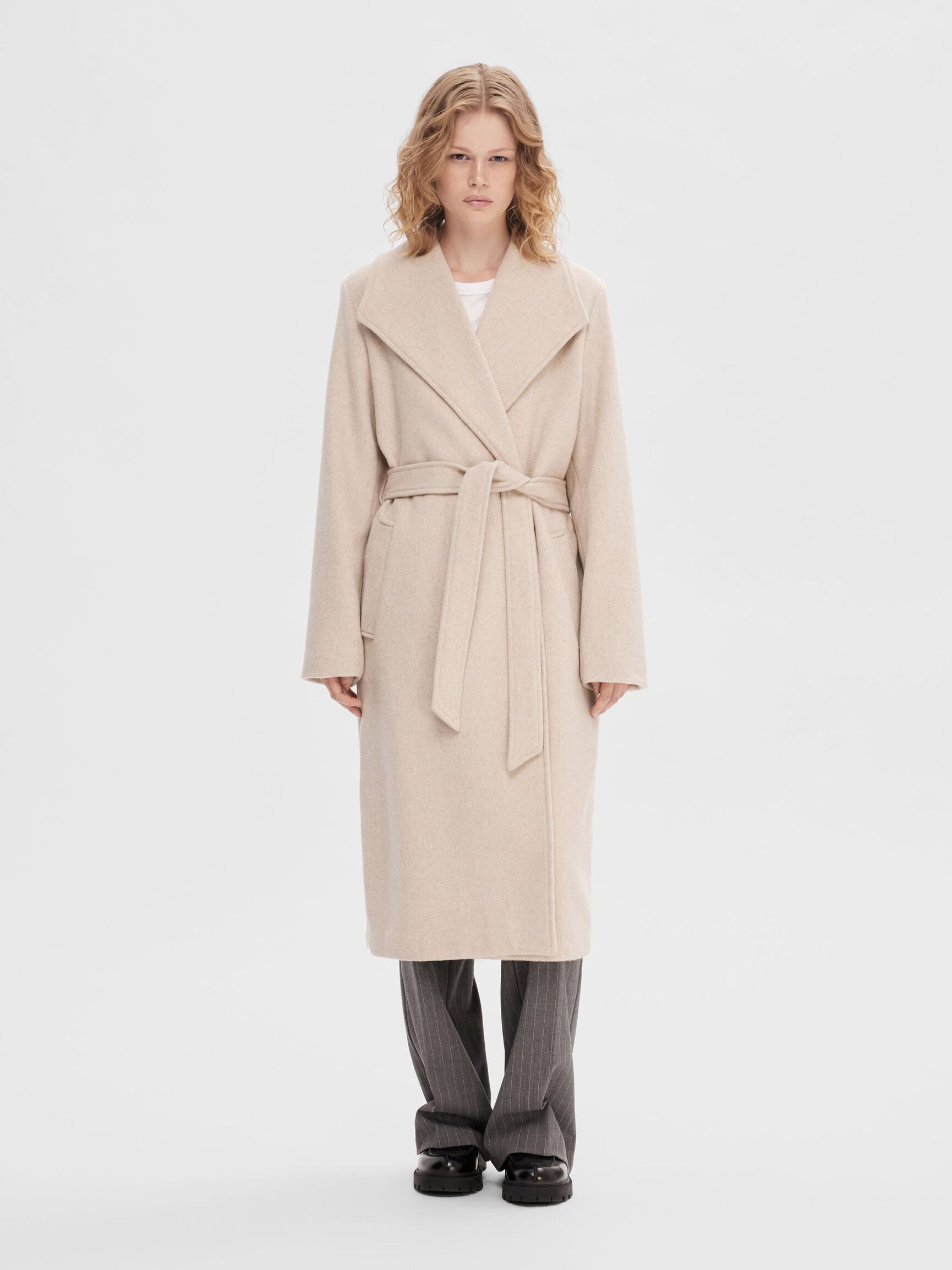 BELTED WOOL BLEND COAT, Sandshell, highres