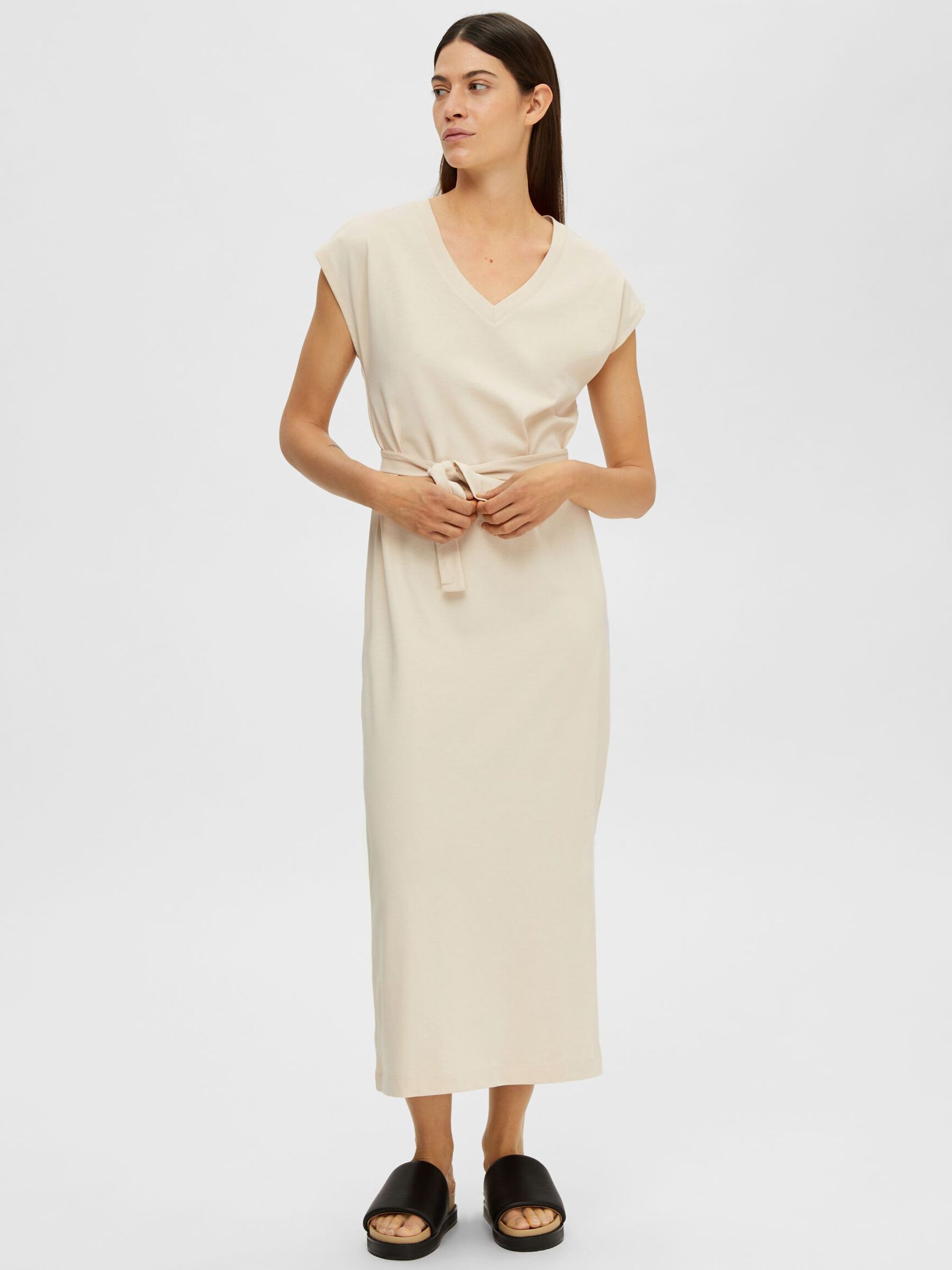 CAP SLEEVE MIDI DRESS, Birch, highres