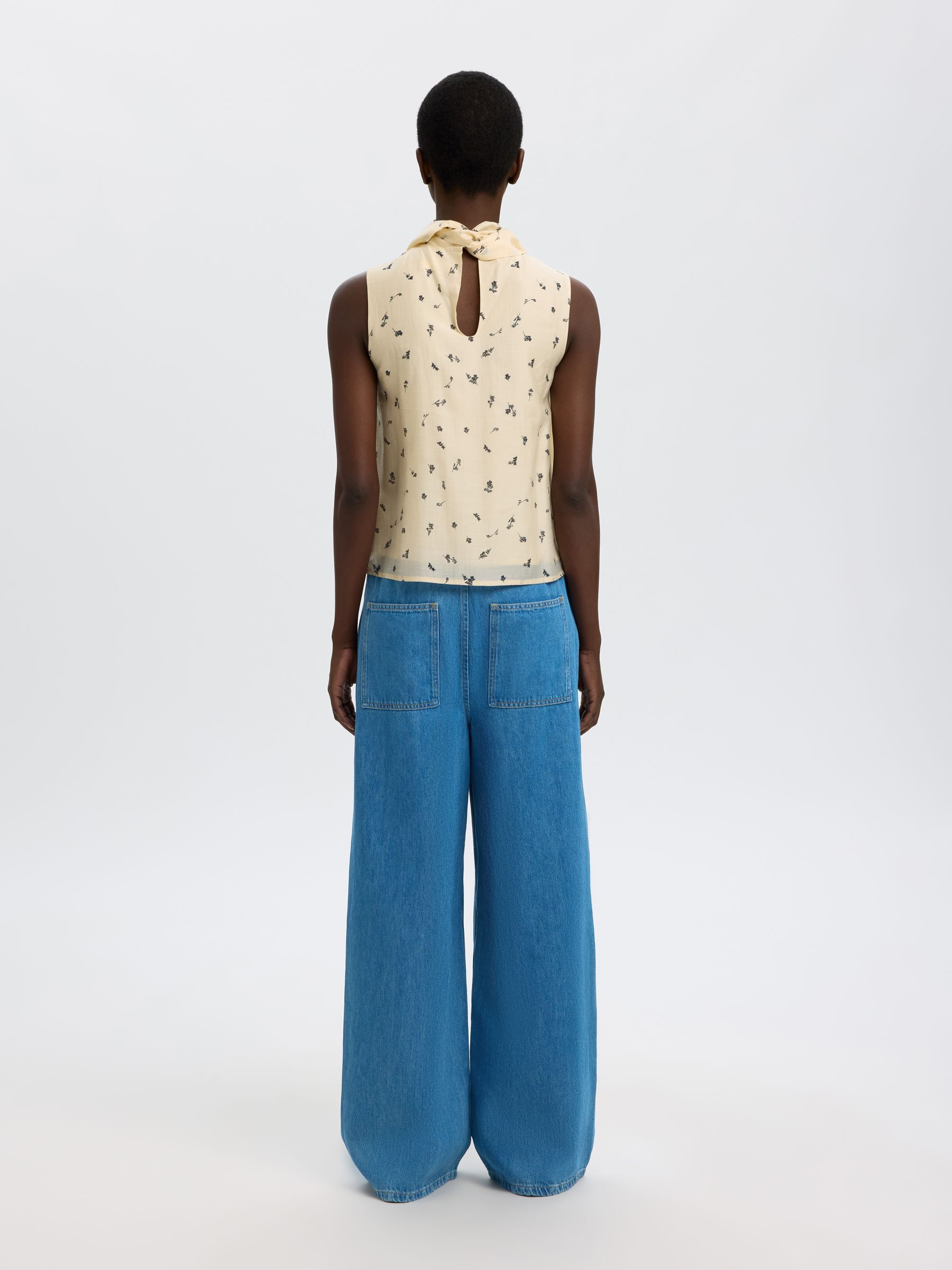 COTTON BLEND WIDE-LEG TROUSERS, Medium Blue Denim, highres