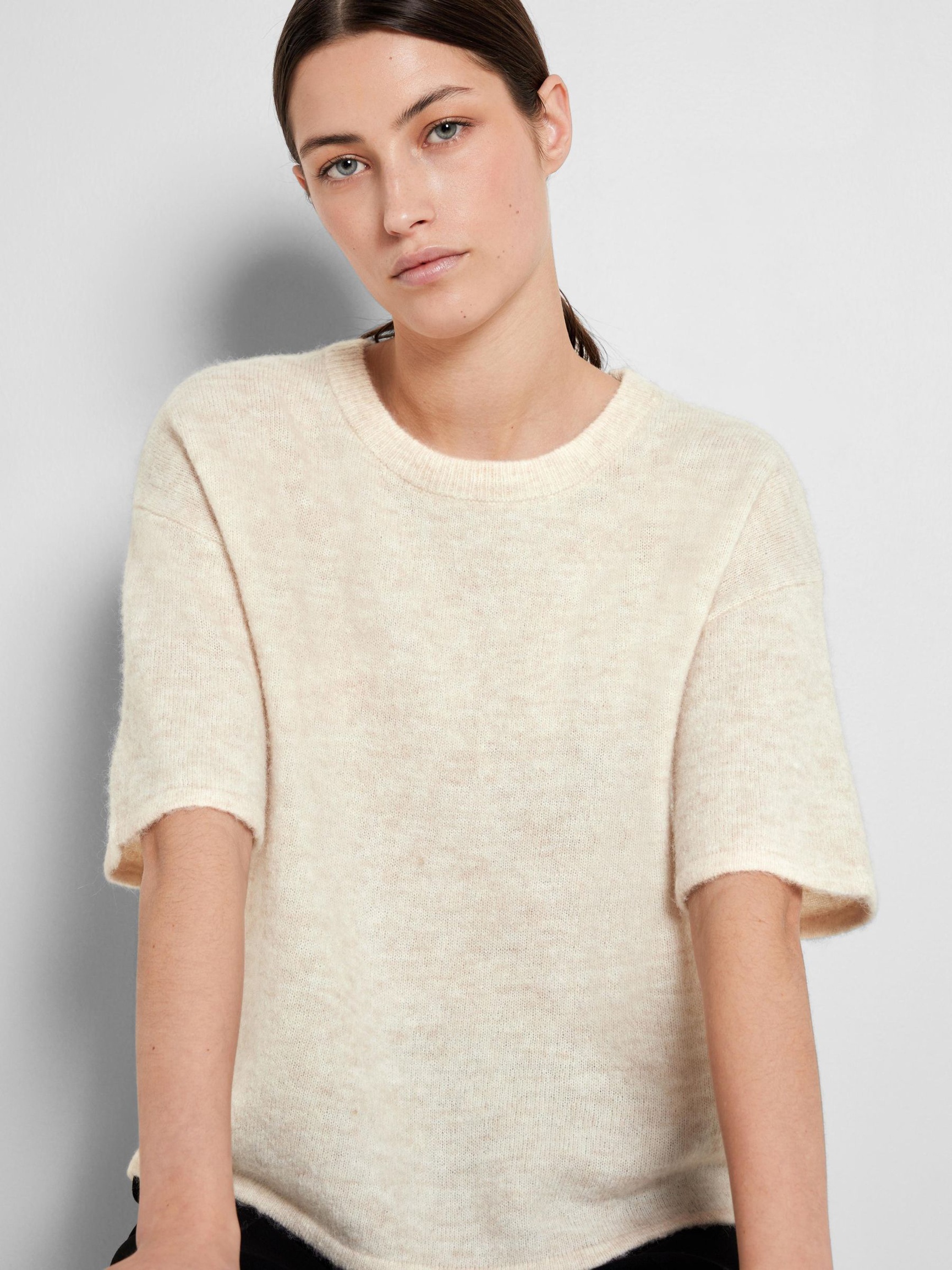 SHORT-SLEEVED WOOL BLEND TOP, Birch, highres