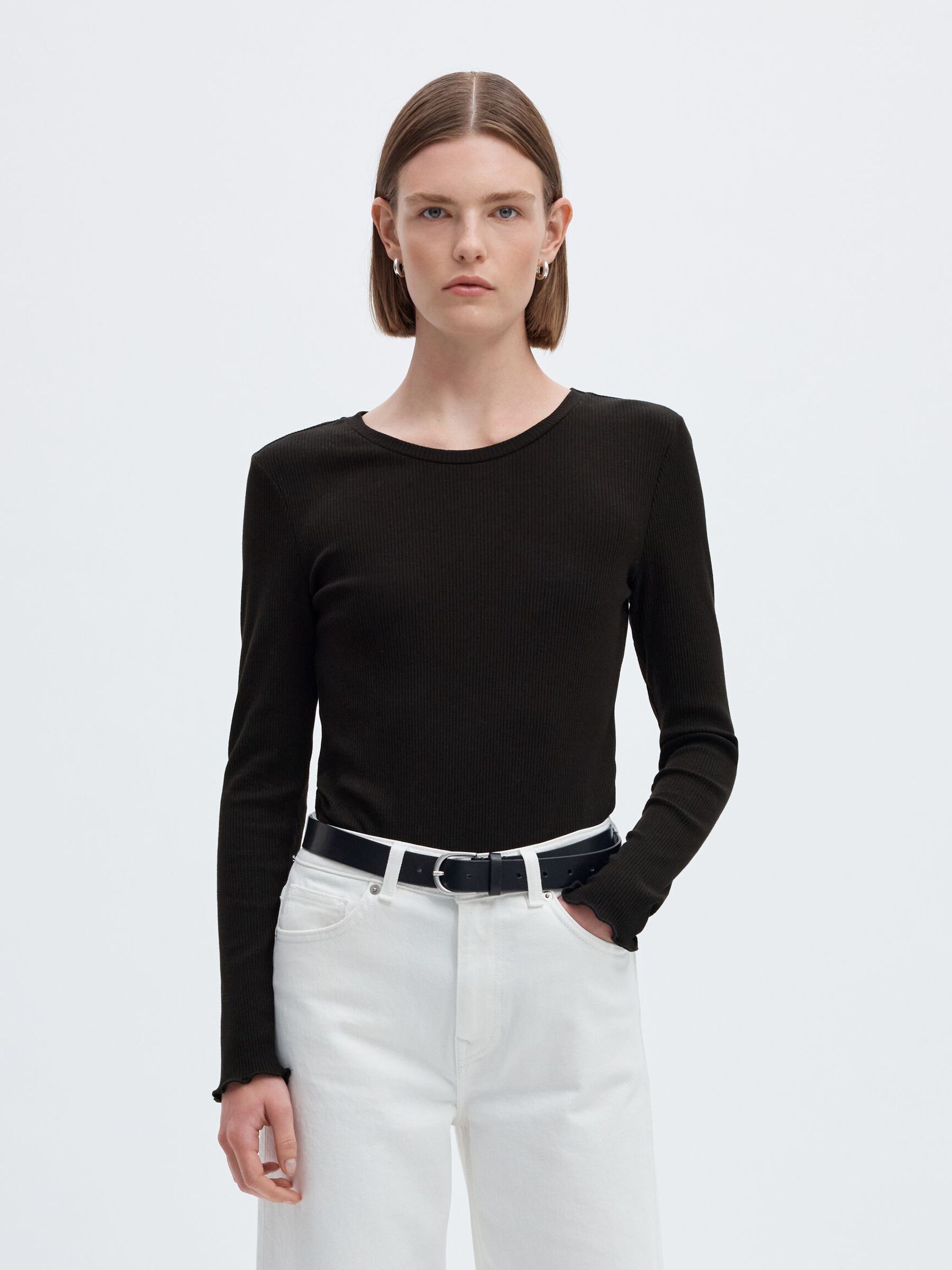 RIBBED LONG SLEEVED TOP, Black, highres