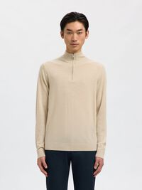100% MERINO WOOL HALF-ZIP JUMPER, Oatmeal, highres