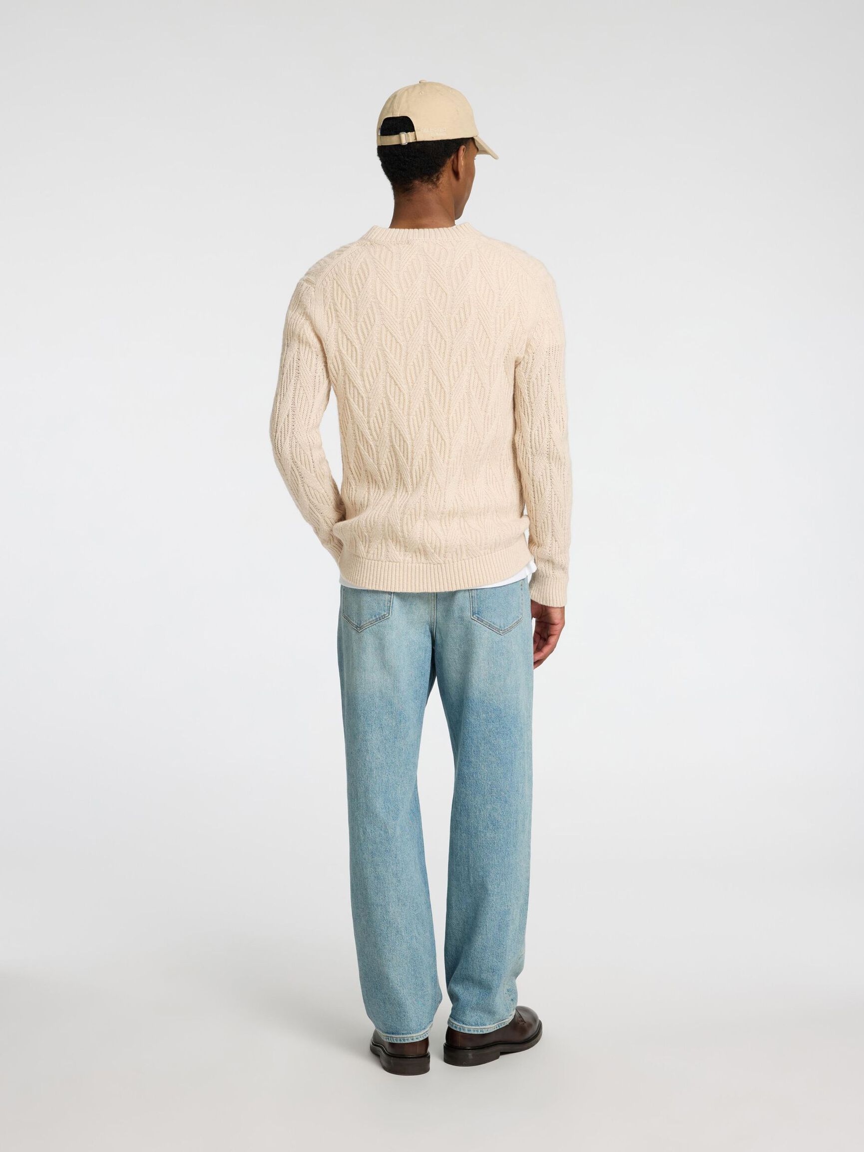 WOOL BLEND CABLE KNITTED PULLOVER, Oatmeal, highres