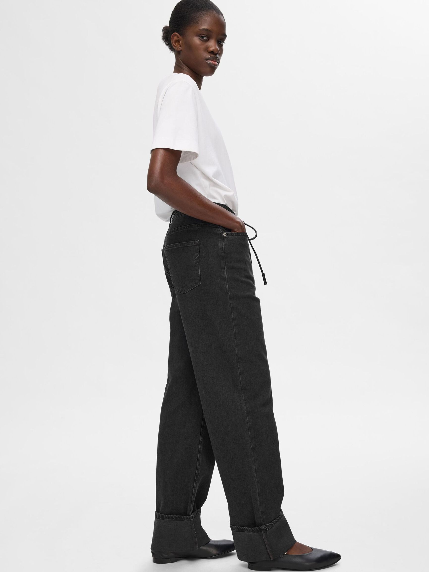 HIGH WAIST WIDE FIT JEANS, Black Denim, highres