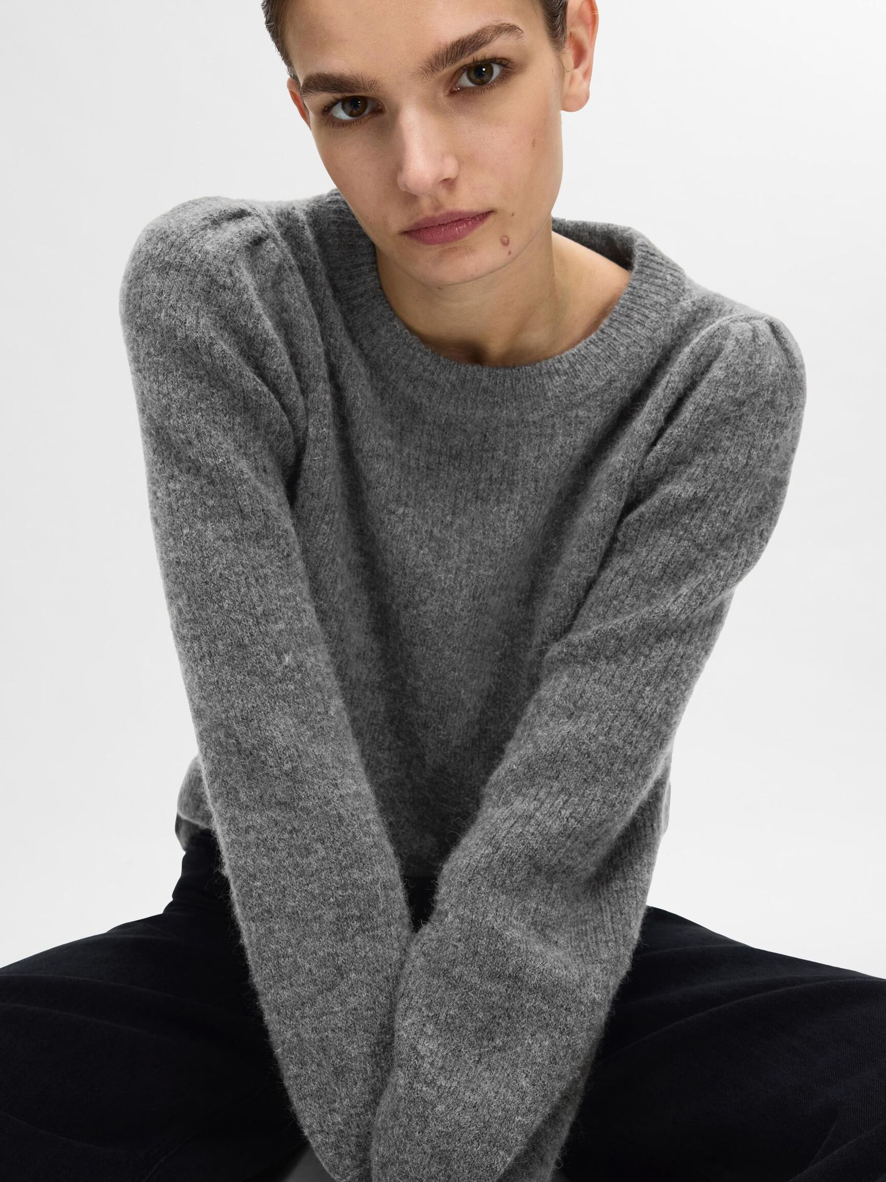 WOOL BLEND KNITTED JUMPER, Medium Grey Melange, highres