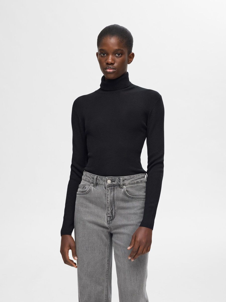 Selected RIBBED WOOL BLEND TURTLENECK, Black, highres - 16094754_Black_003.jpg