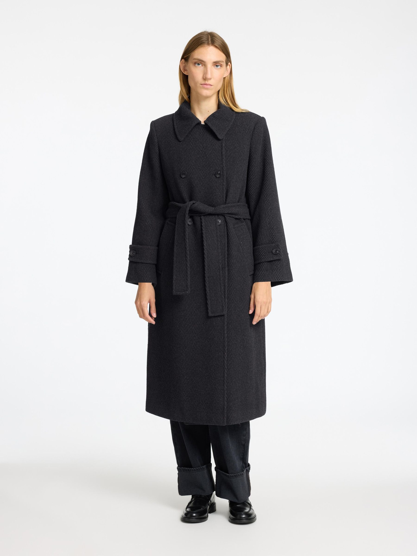WOOL BLEND BELTED TRENCHCOAT, Volcanic Ash, highres