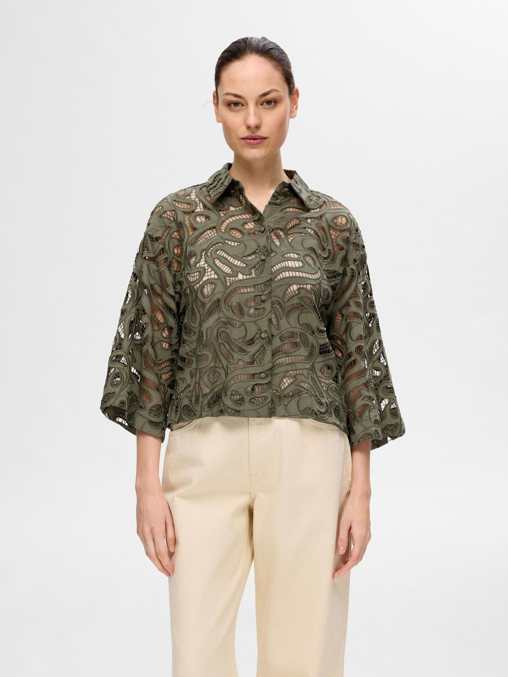 BRODERIE ANGLAISE CROP-BLUSE, Olivine, highres