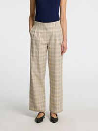 LINEN BLEND CHECKED WIDE-LEG TROUSERS, Bleached Sand, highres
