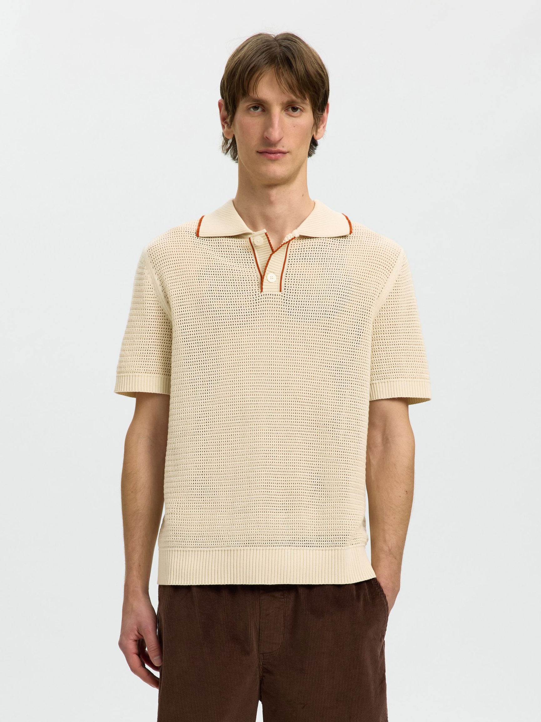 SHORT SLEEVED KNITTED POLO SHIRT, Birch, highres