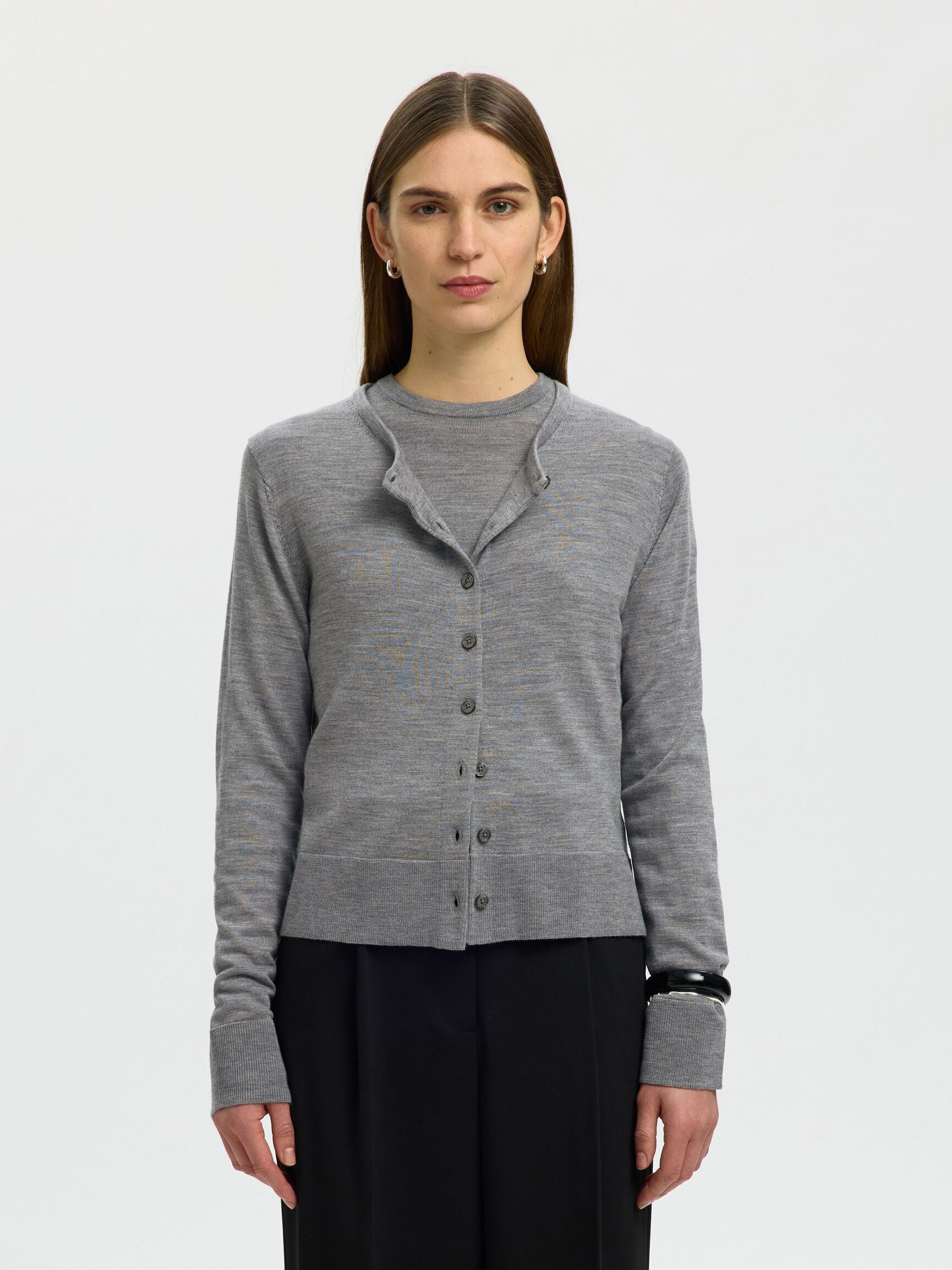 100% MERINO WOOL KNITTED CARDIGAN, Medium Grey Melange, highres