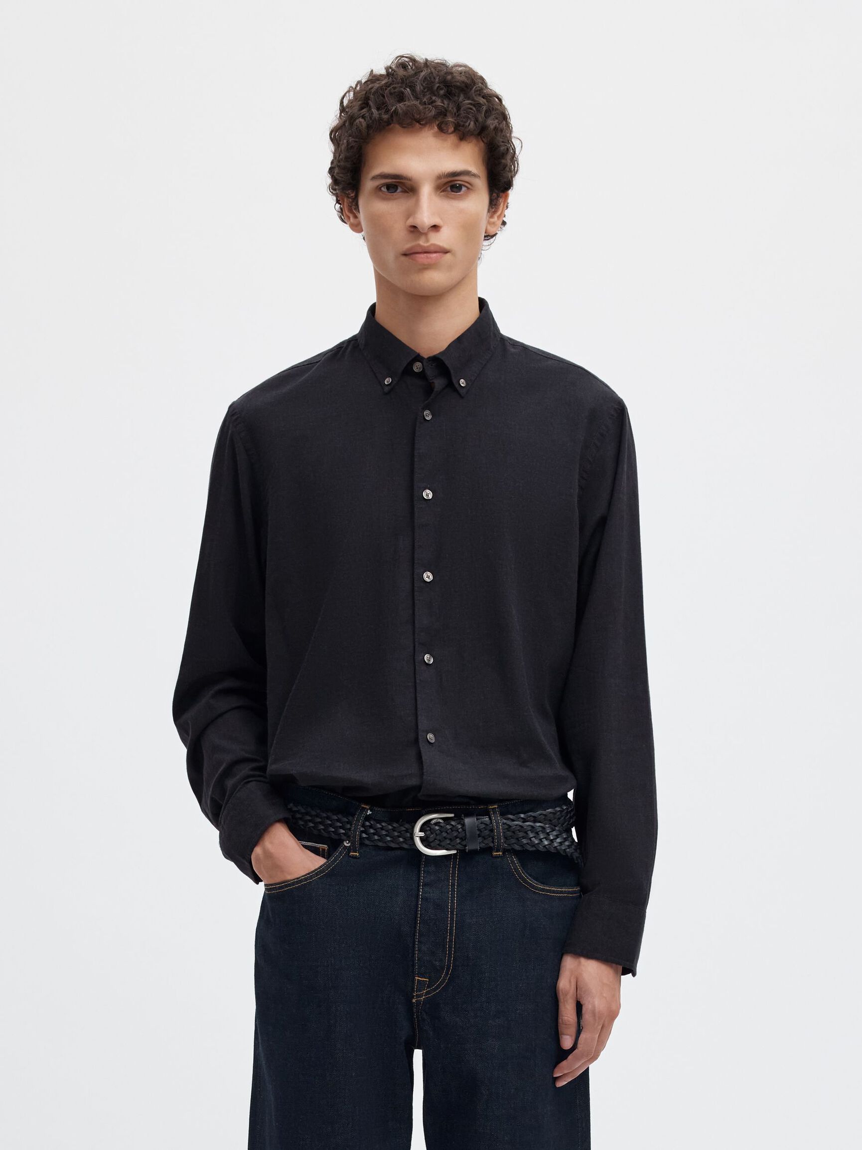 COTTON LONG SLEEVED SHIRT, Black, highres