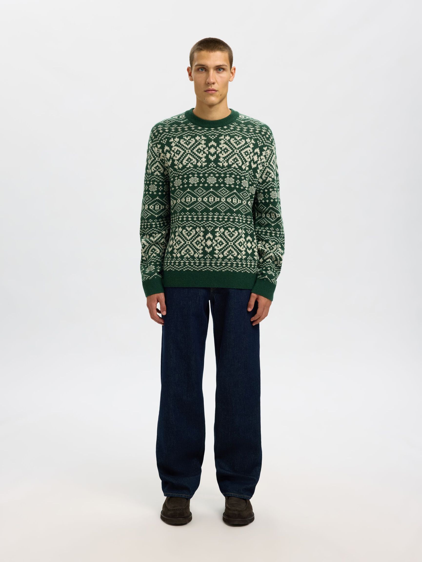 WOLLMIX PULLOVER MIT RUNDHALSAUSSCHNITT, Dark Green, highres