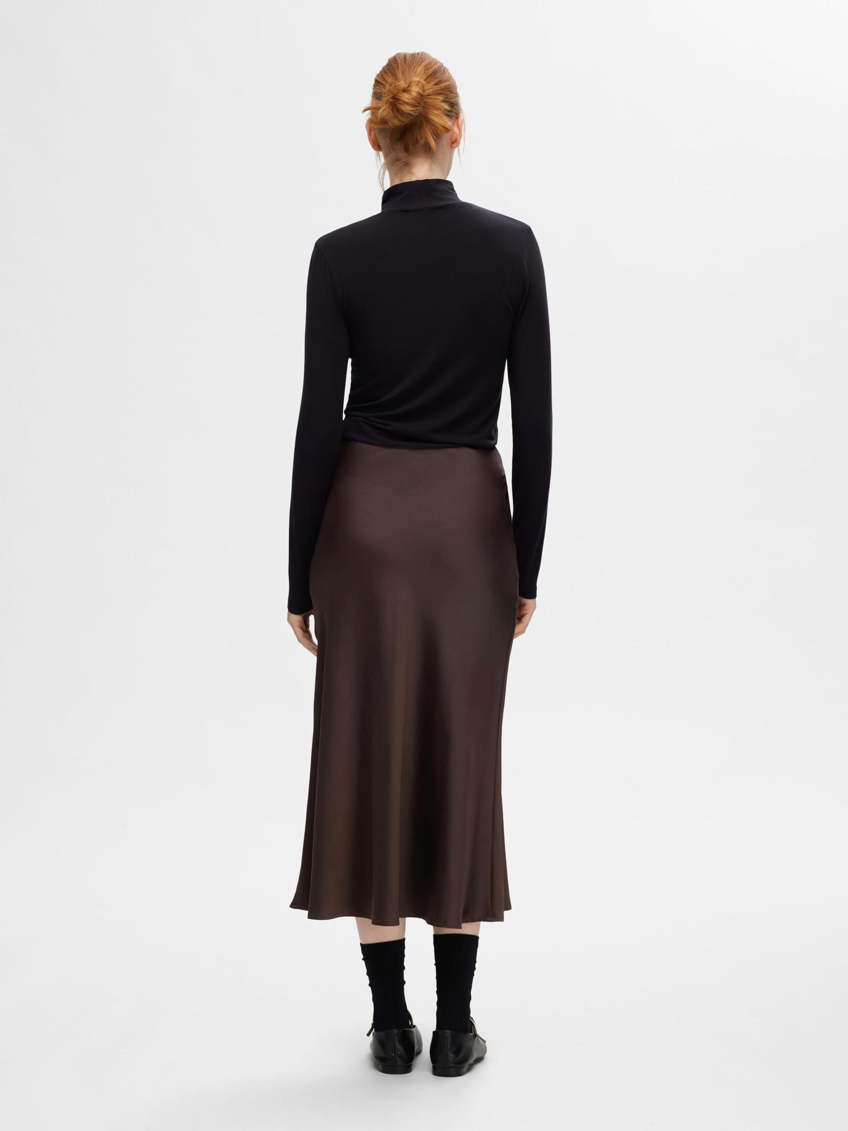 SATIN MIDI SKIRT, Coffee Bean, highres