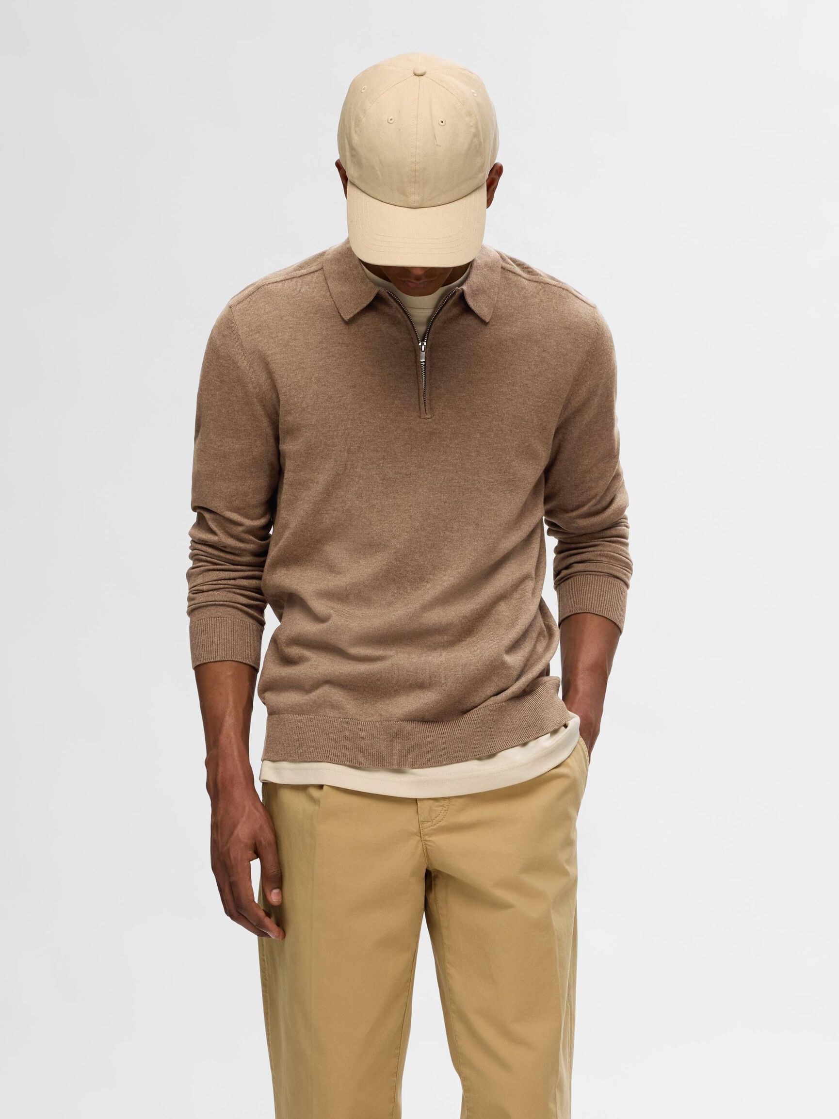KNITTED LONG-SLEEVED POLO, Teak, highres