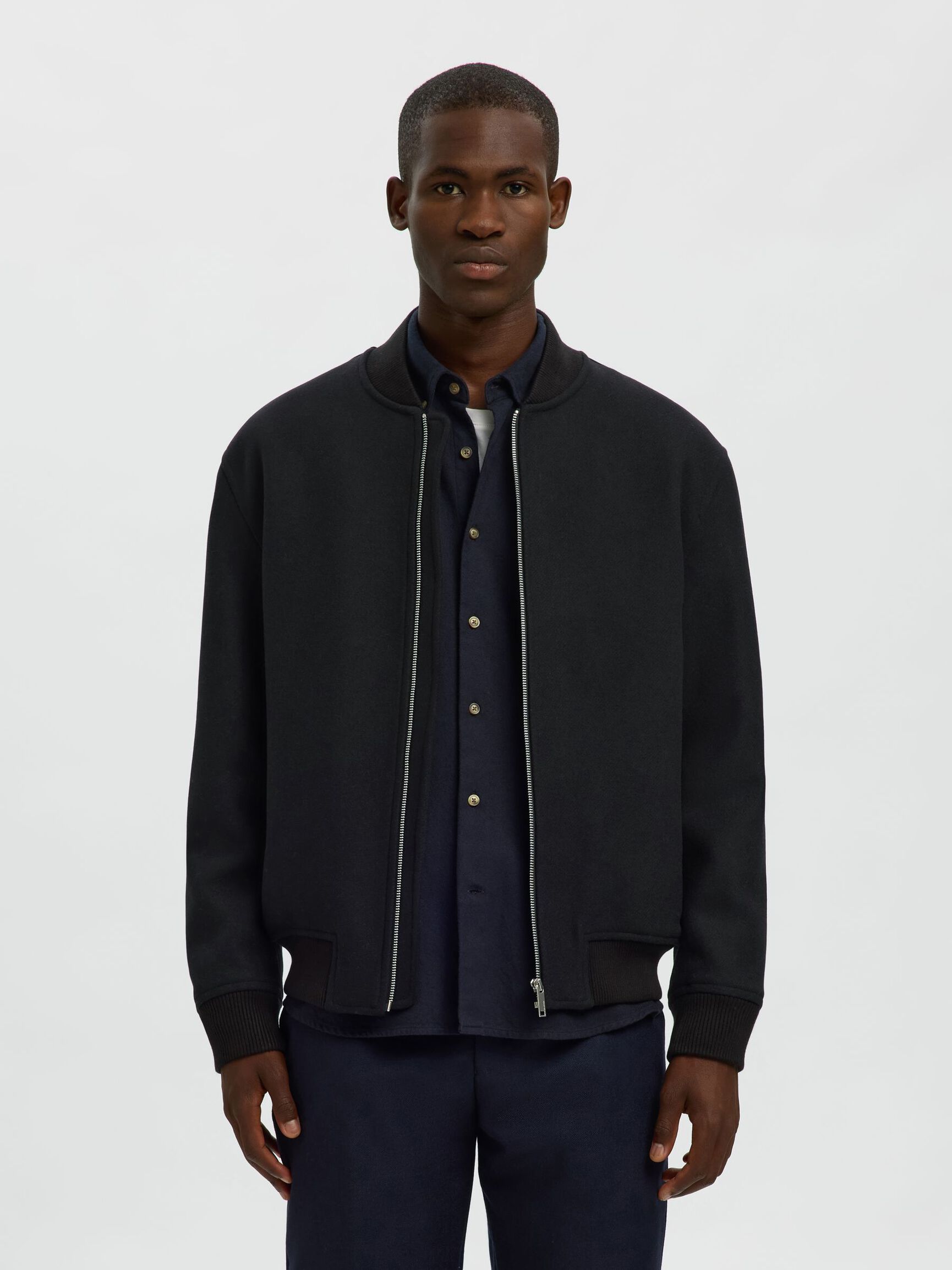 WOOL BLEND BOMBER JACKET, Black, highres