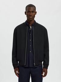 WOOL BLEND BOMBER JACKET, Black, highres