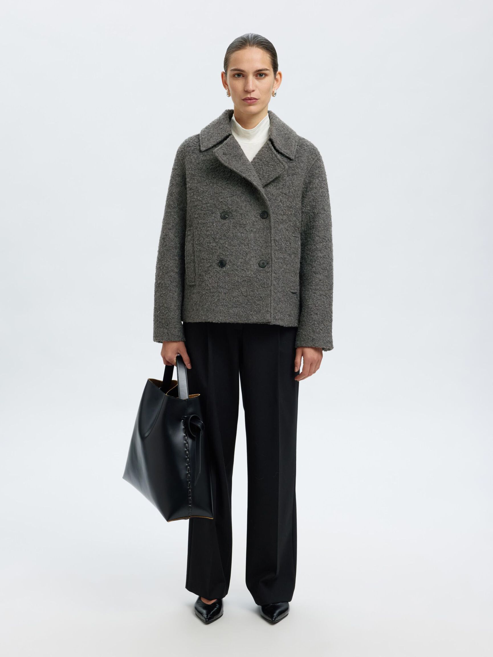 WOOL BLEND BOUCLE SHORT JACKET, Medium Grey Melange, highres