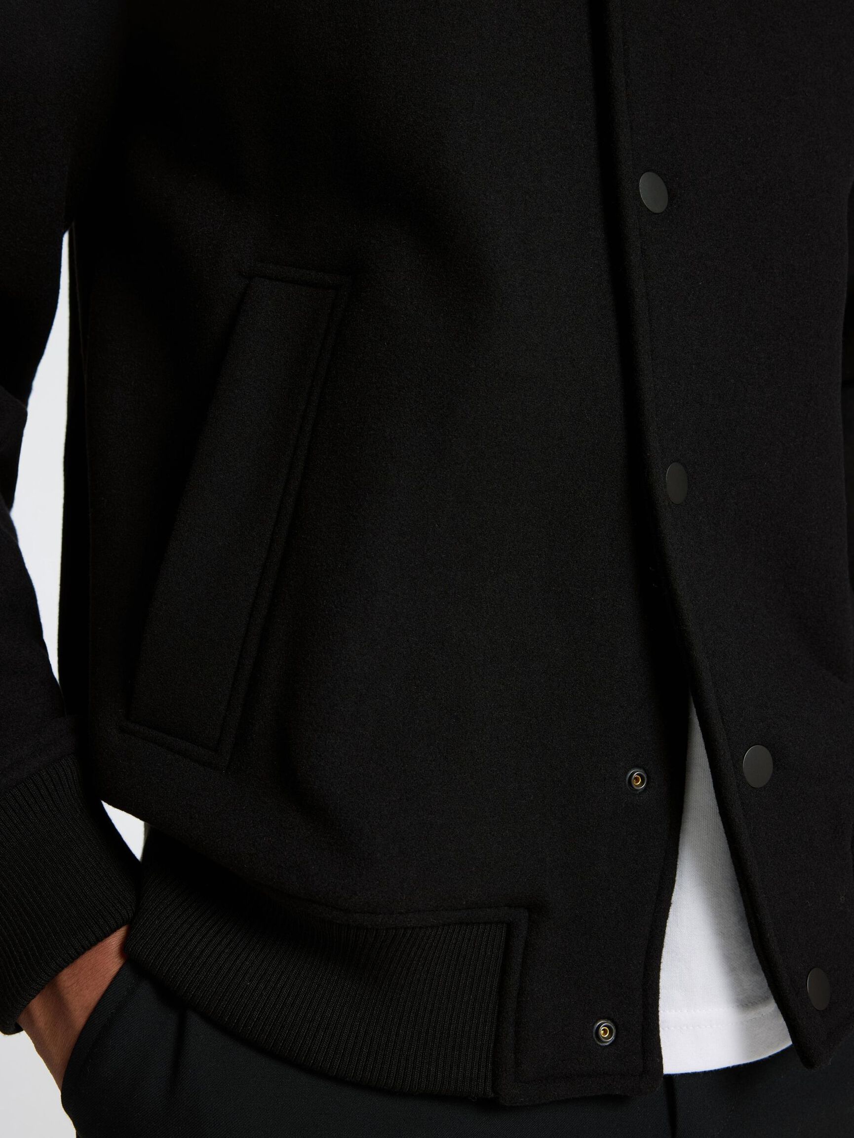 WOOL BLEND BOMBER JACKET, Black, highres
