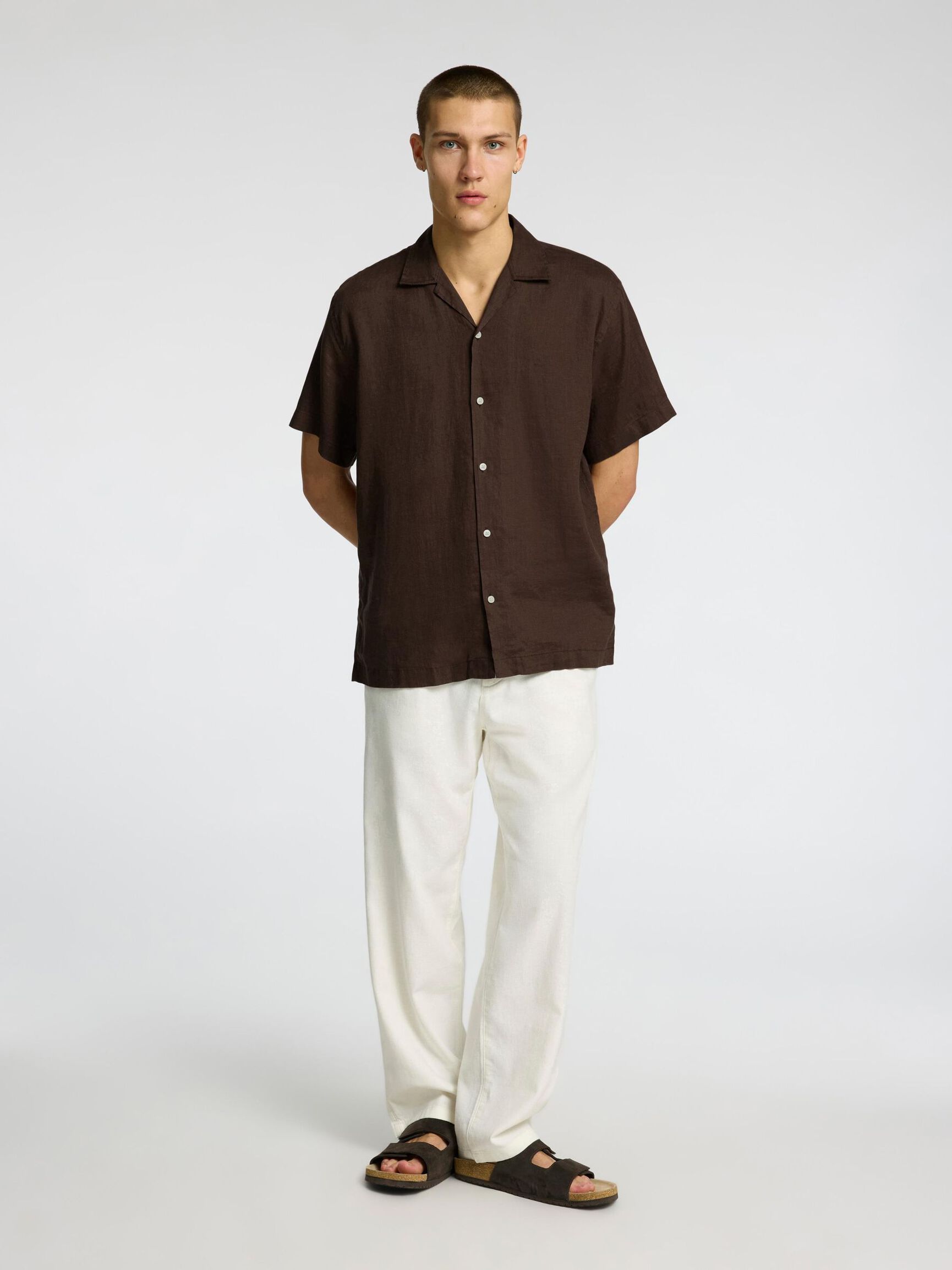 100 % LIN CHEMISE À MANCHES COURTES, Chocolate Brown, highres