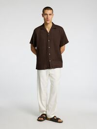 100% LINNEN OVERHEMD MET KORTE MOUWEN, Chocolate Brown, highres