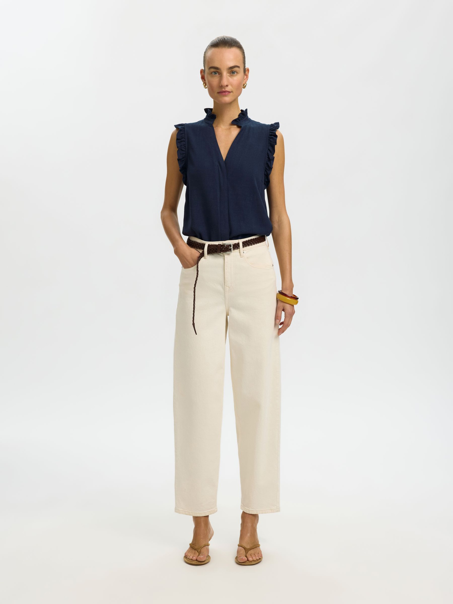 SLEEVELESS RUFFLE DETAIL TOP, Dark Sapphire, highres