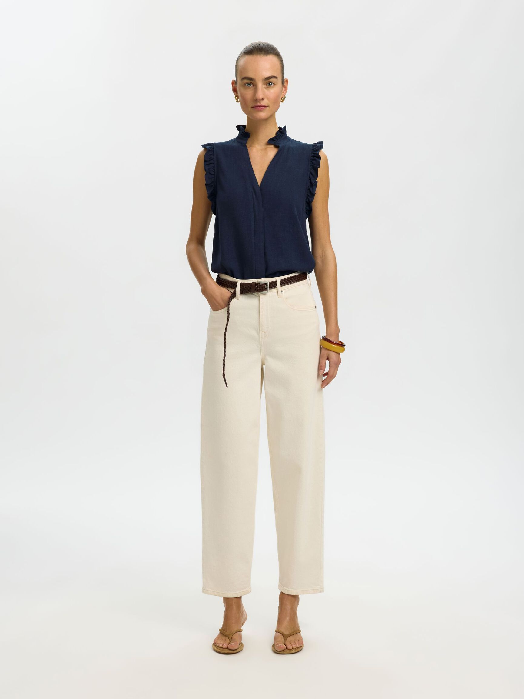 SLEEVELESS RUFFLE DETAIL TOP, Dark Sapphire, highres