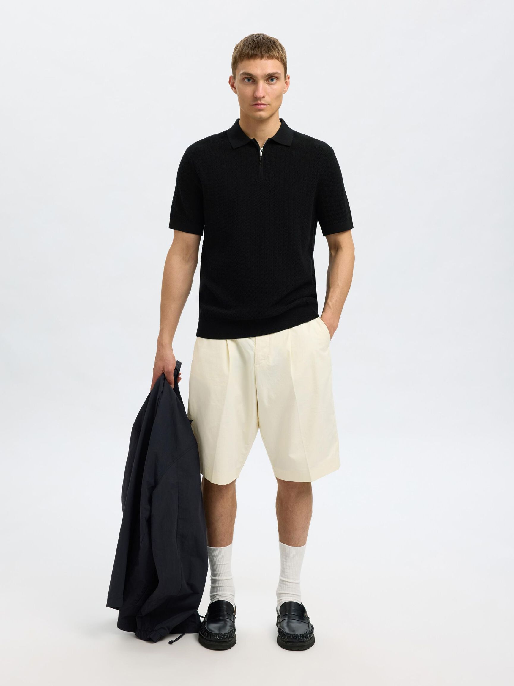 ZIP UP POLO SHIRT, Black, highres