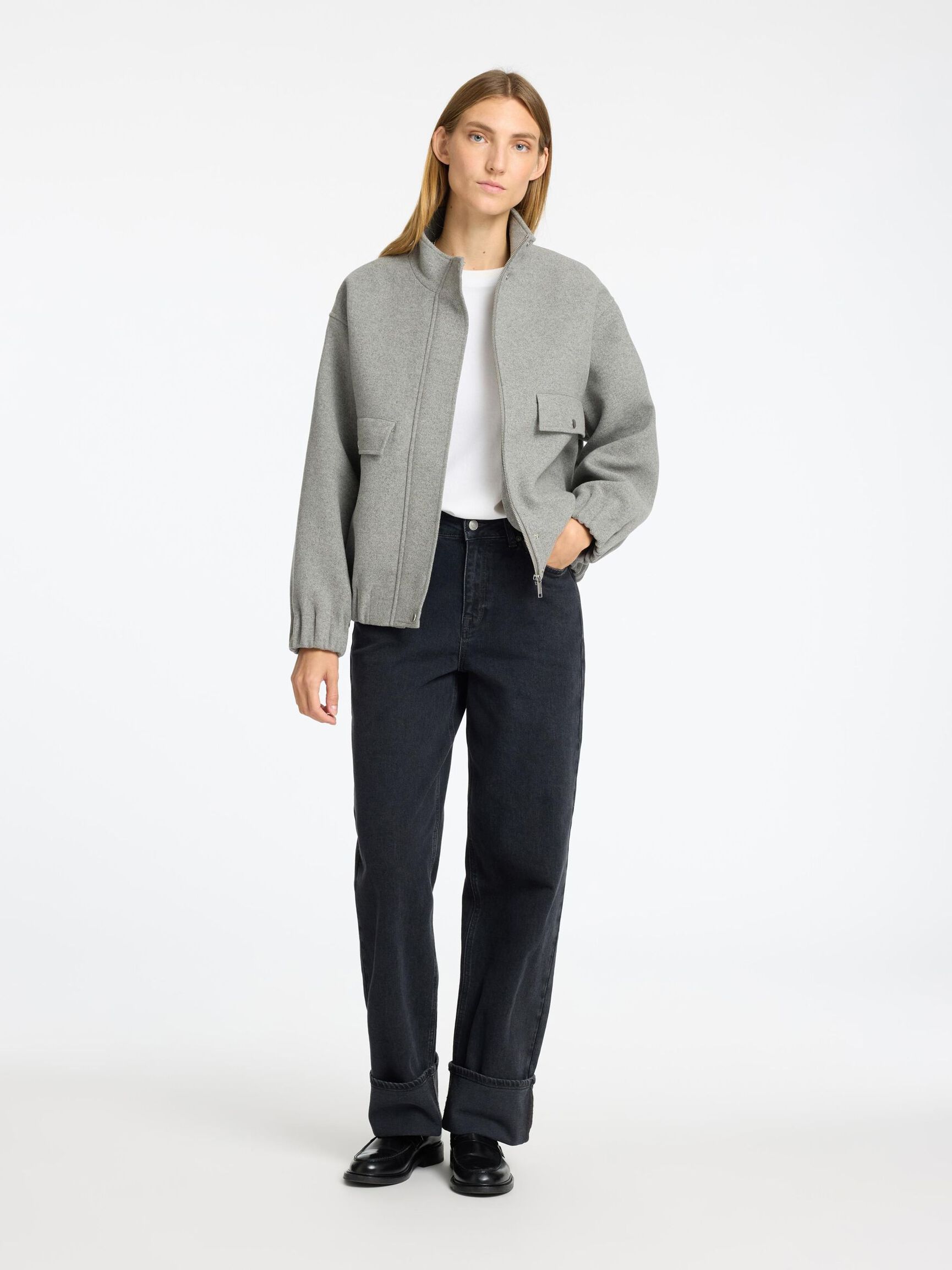 WOOL BLEND BOMBER JACKET, Medium Grey Melange, highres
