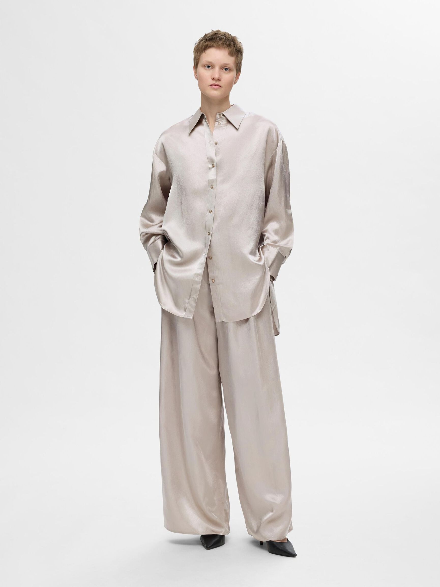 LANGE MOUWEN SATIJNEN BLOUSE, Dove, highres
