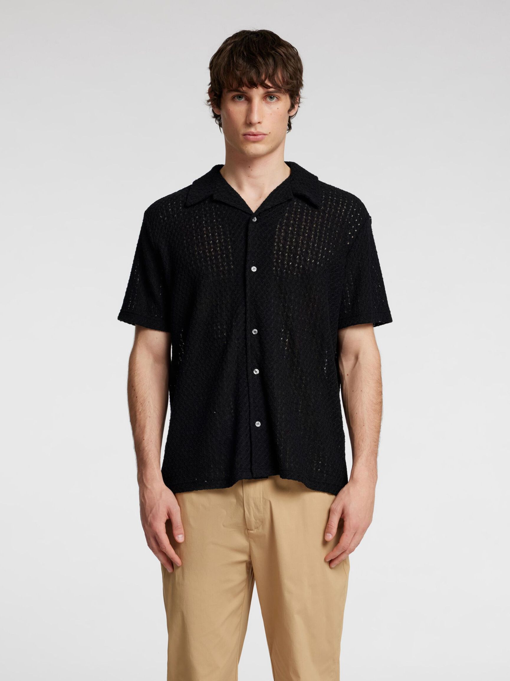GEBREID JACQUARD OVERHEMD MET KORTE MOUWEN, Black, highres
