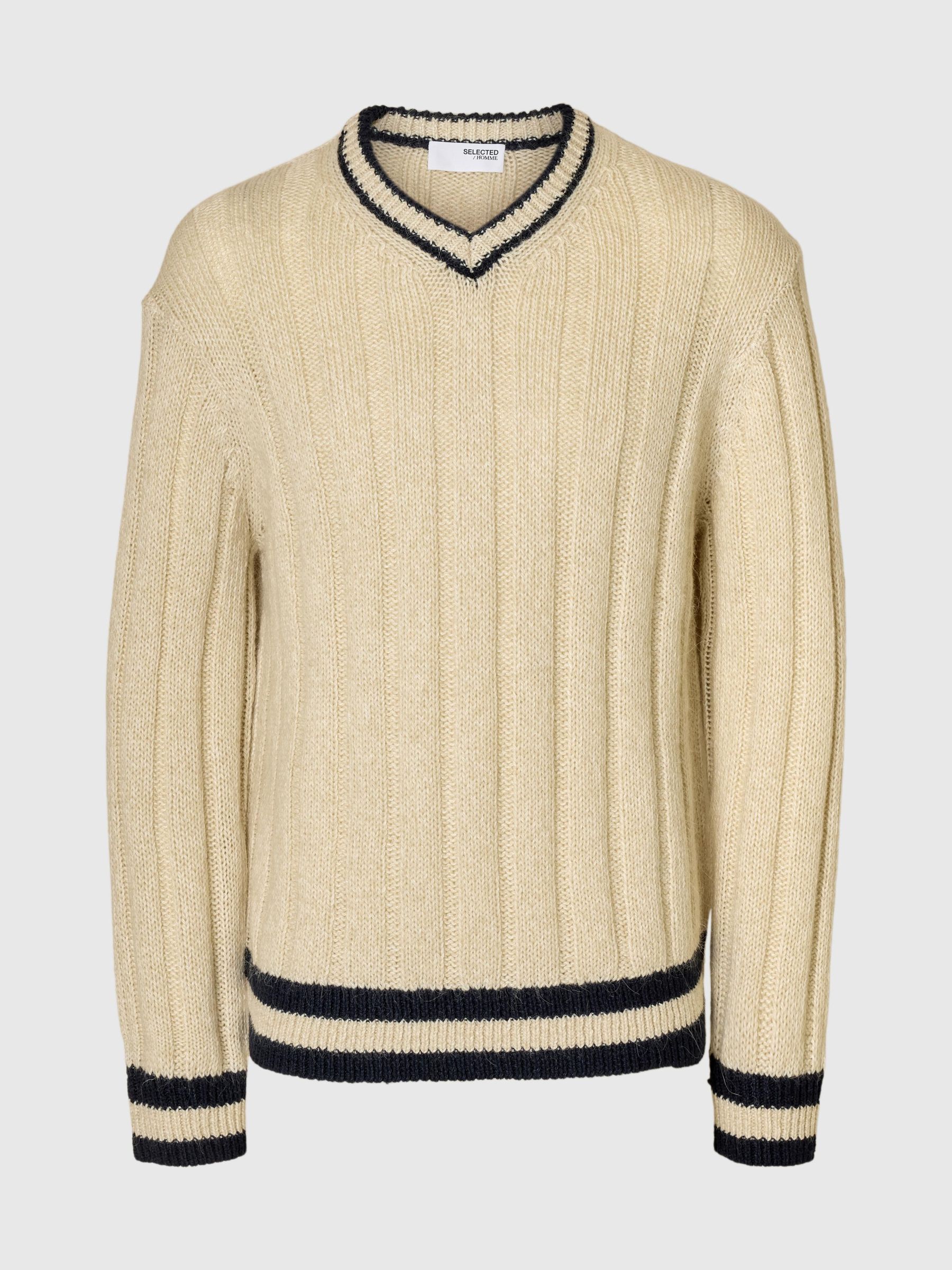 WOOL BLEND V-NECK JUMPER, Egret, highres