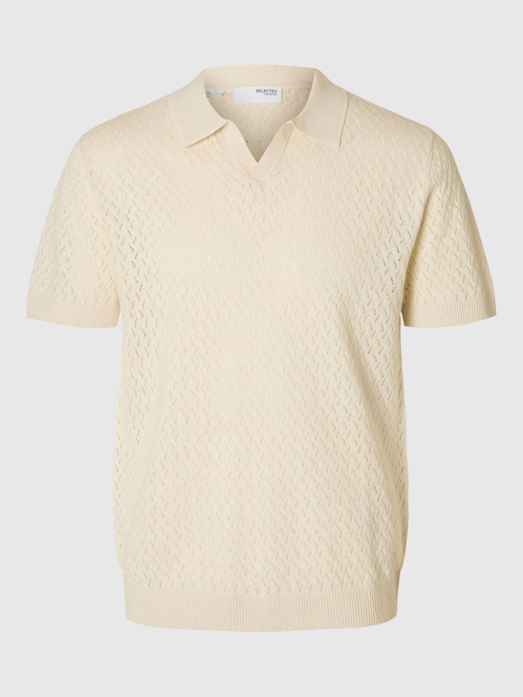 CROCHET STYLE KNITTED POLO SHIRT, Egret, highres
