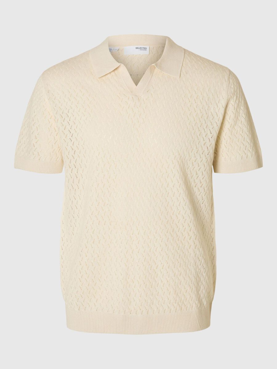 Selected CROCHET STYLE KNITTED POLO SHIRT, Egret, highres - 16097572_Egret_001.jpg