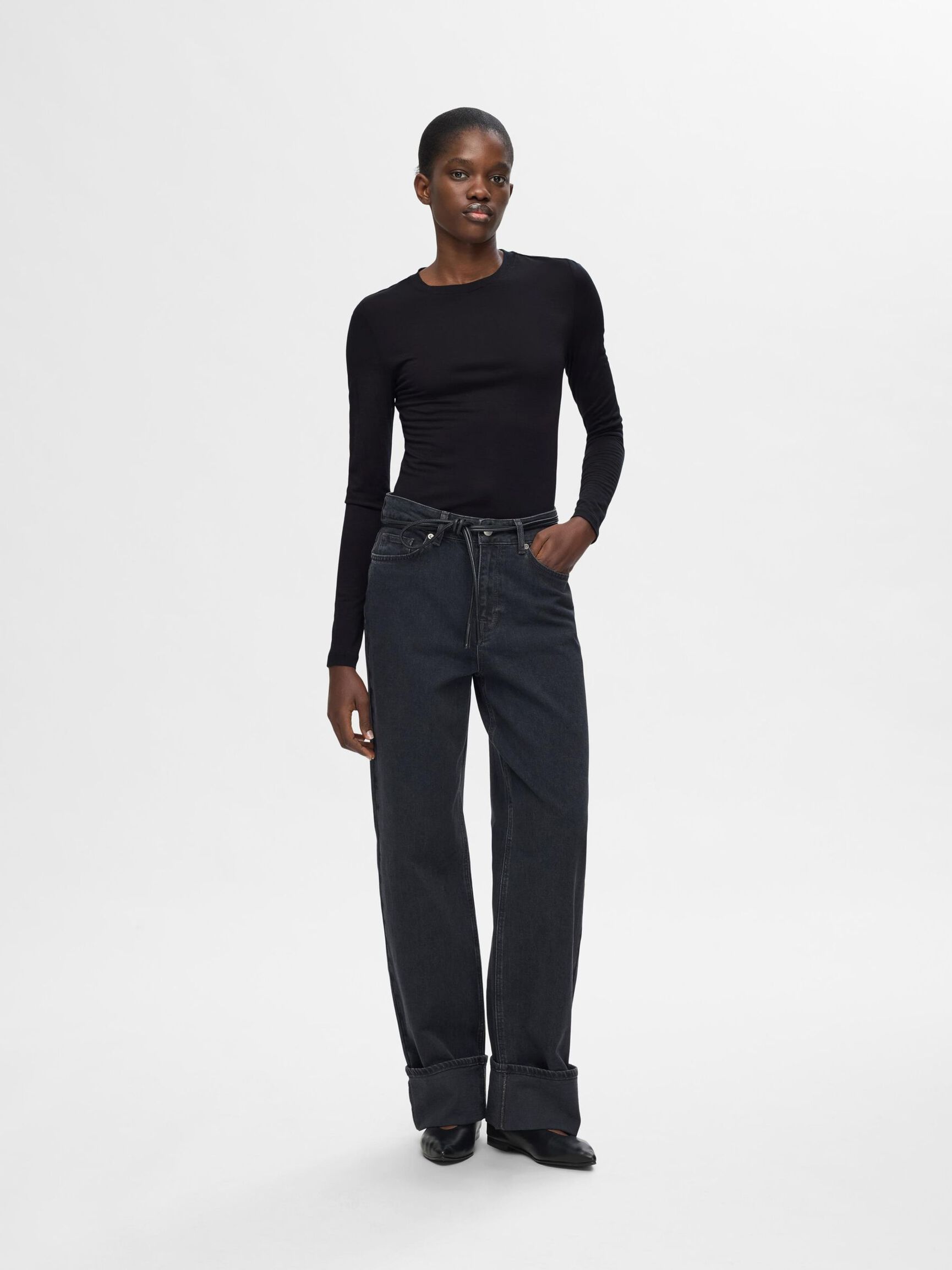 100% WOOL  LONG SLEEVED TOP, Black, highres