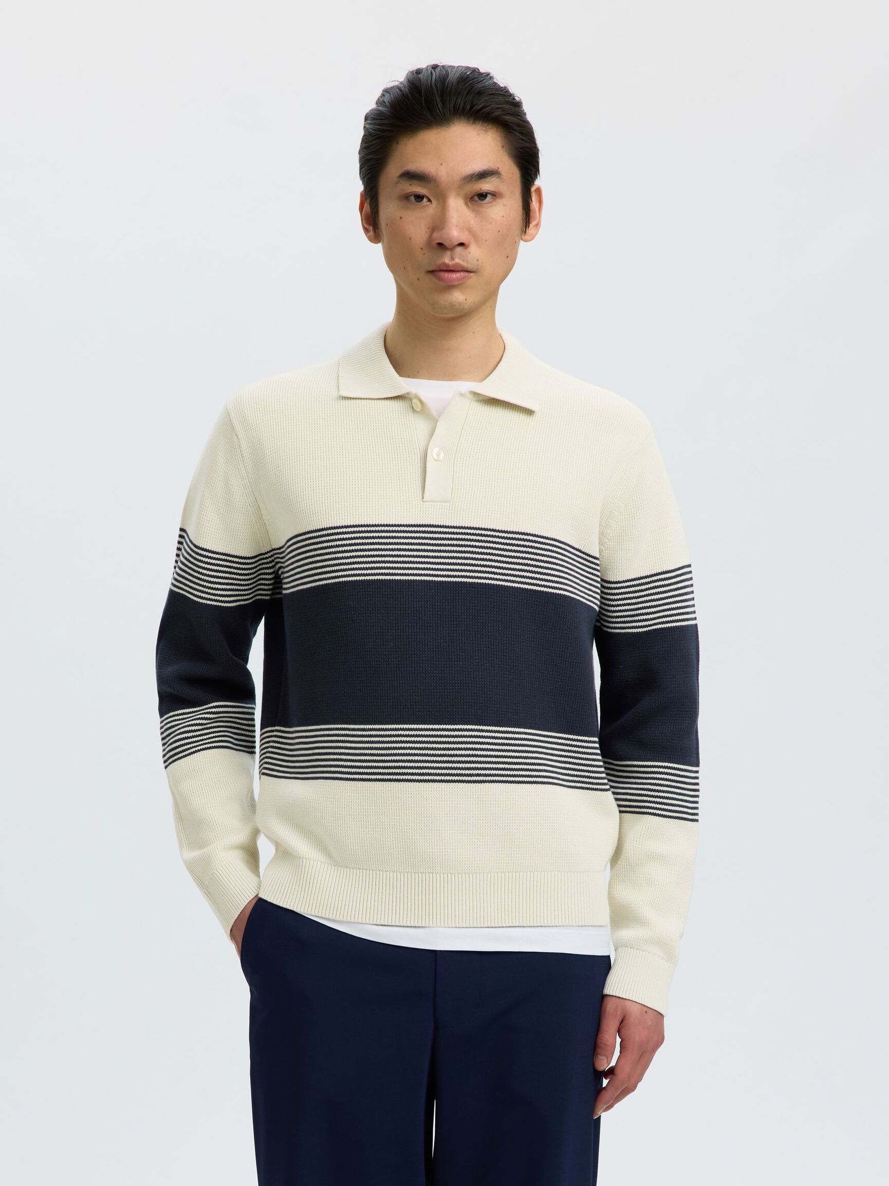 STRIPED KNITTED POLO SHIRT, Silver Birch, highres