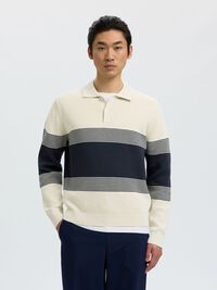 STRIPED KNITTED POLO SHIRT, Silver Birch, highres