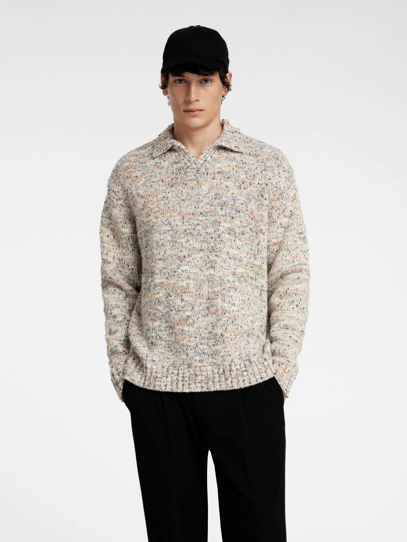 WOOL BLEND POLO JUMPER, Tofu, highres
