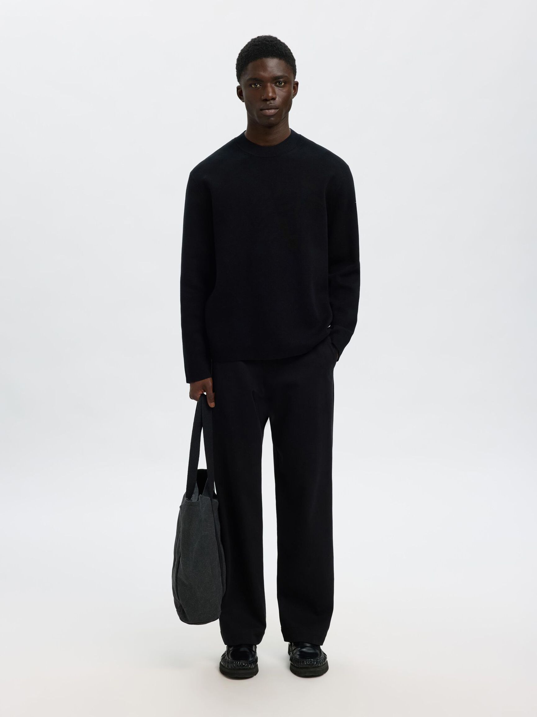 RELAXED FIT COTTON BLEND PULLOVER, Black, highres
