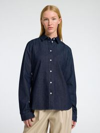 LONG SLEEVED FITTED DENIM SHIRT, Dark Blue Denim, highres