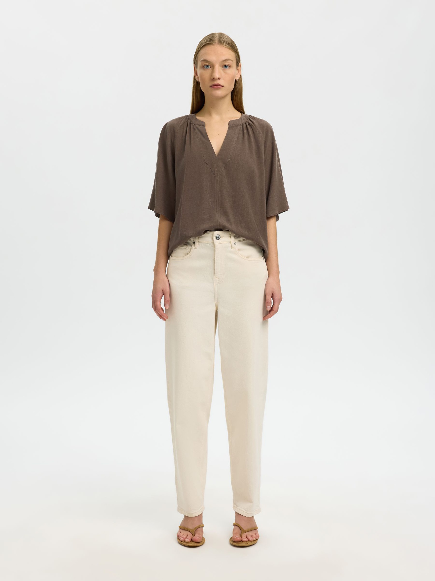 VISCOSE BLEND V-NECK BLOUSE, Chocolate Chip, highres