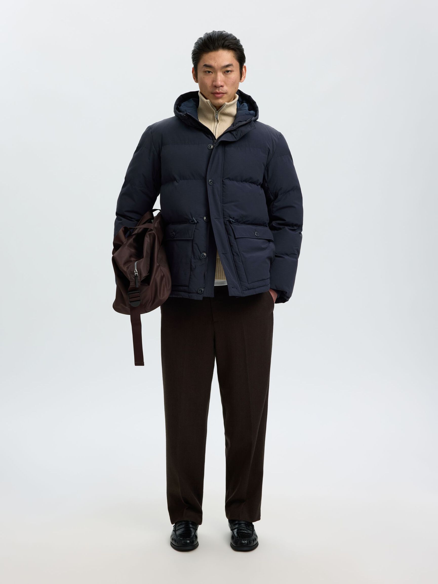 ADJUSTABLE WAIST PUFFER JACKET, Sky Captain, highres