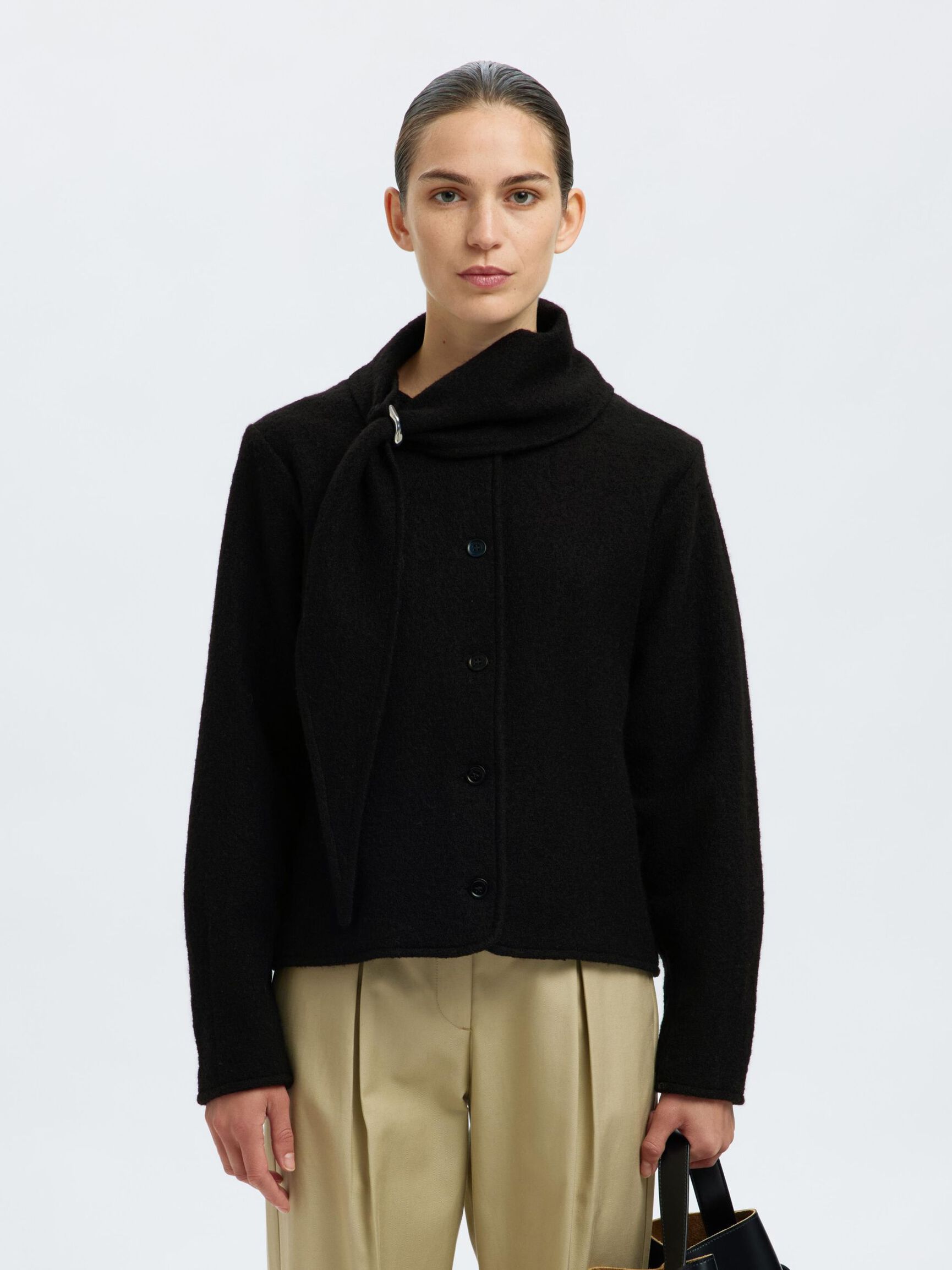 WOLL KURZJACKE, Black, highres