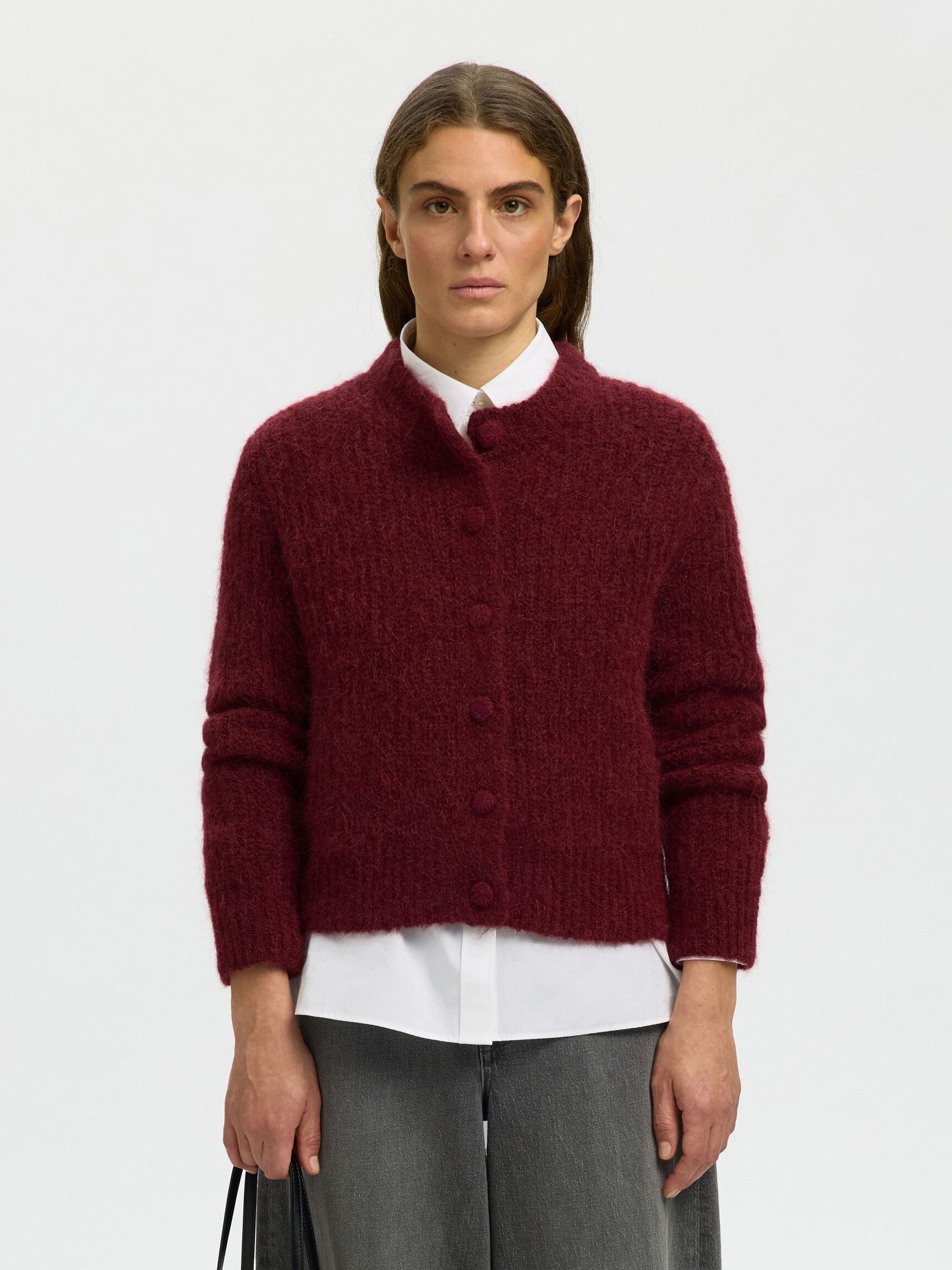 ALPACA BLEND KNITTED CARDIGAN, Tawny Port, highres