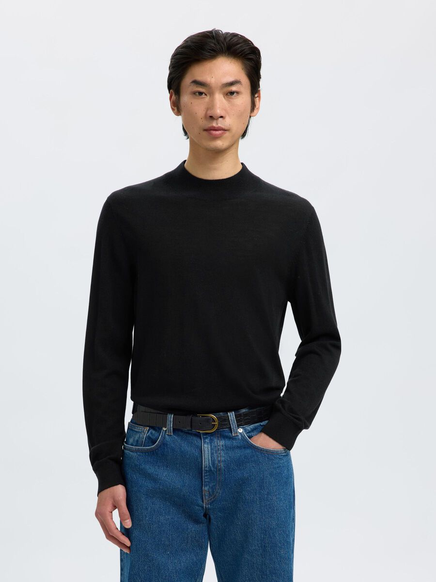 Selected 100 % MERINOULL MOCK NECK-GENSER, Black, highres - 16096253_Black_003.jpg