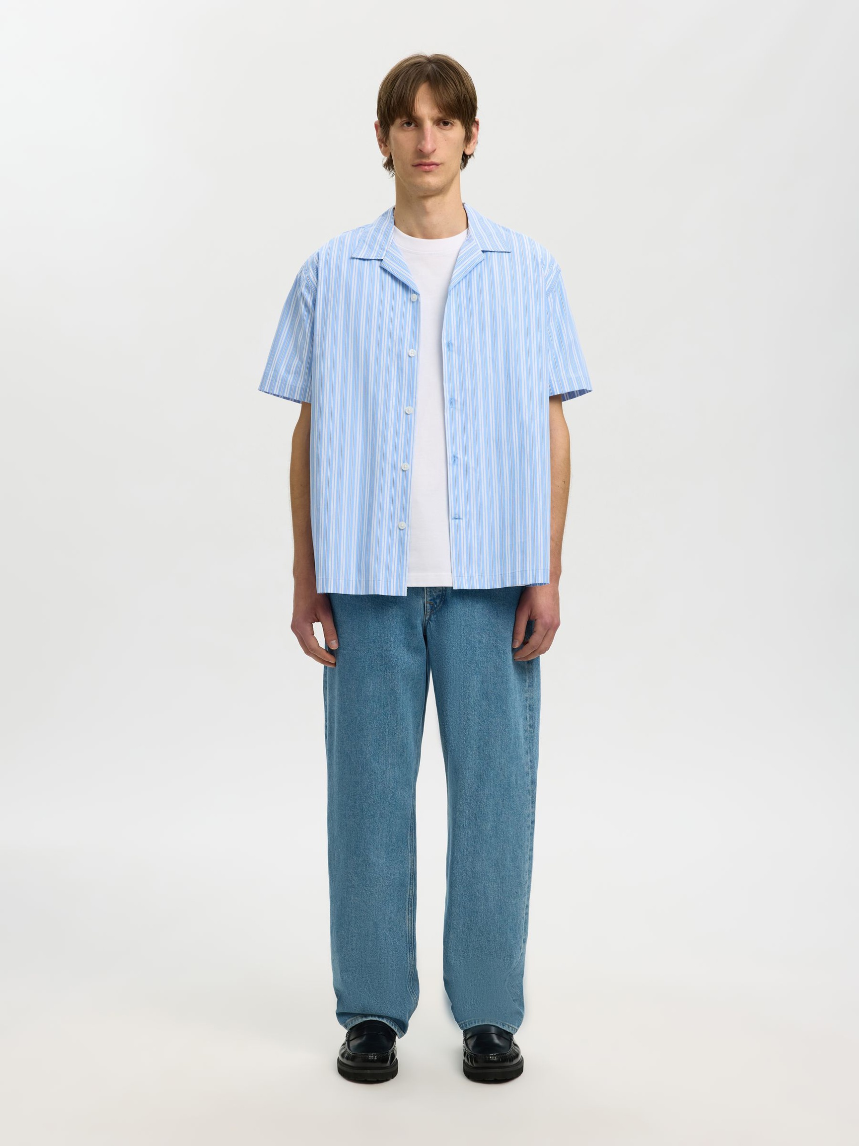 STRIPED SHORT SLEEVED SHIRT, Cashmere Blue, highres