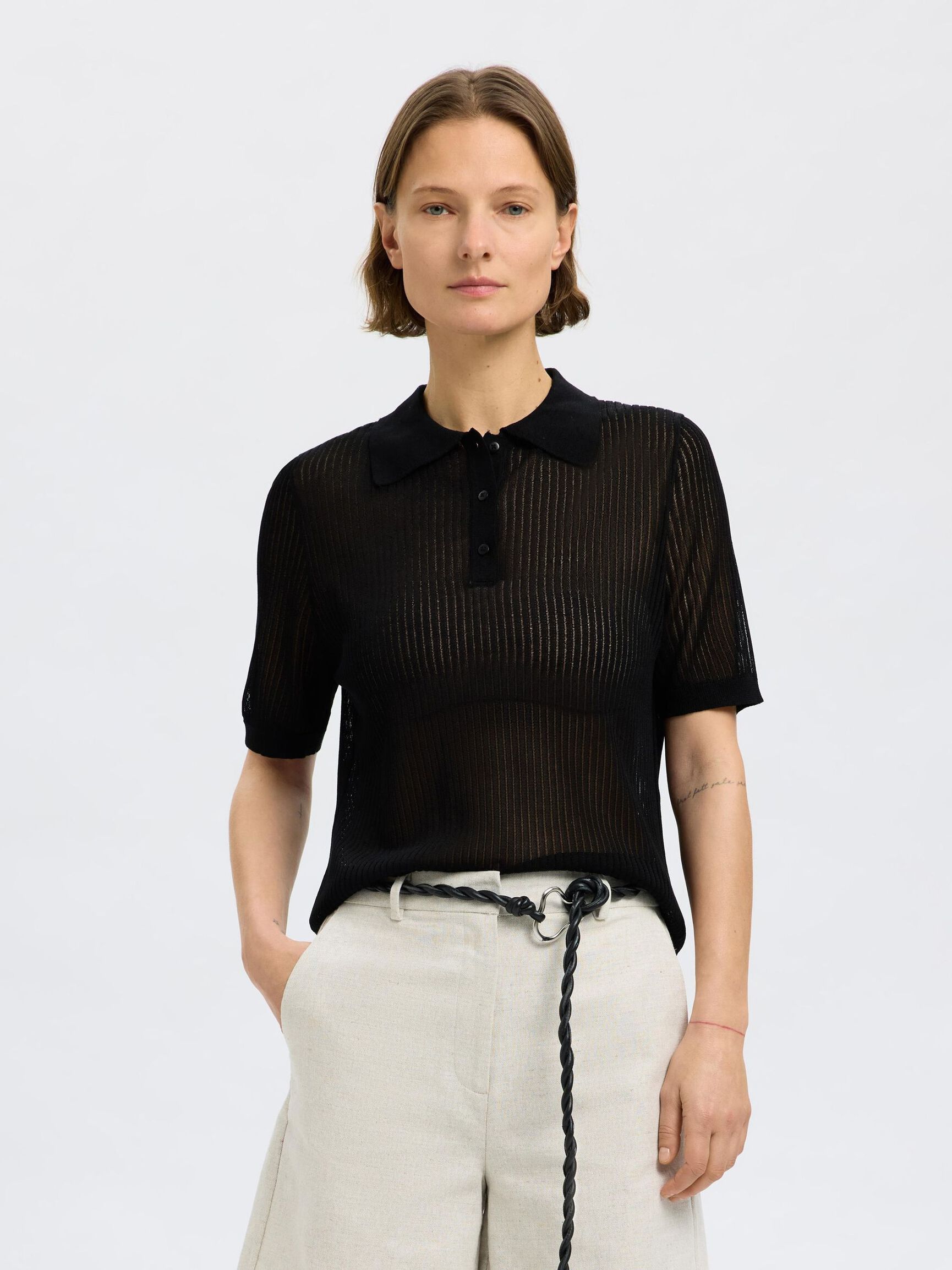 MANCHES COURTES POLO EN MAILLE, Black, highres