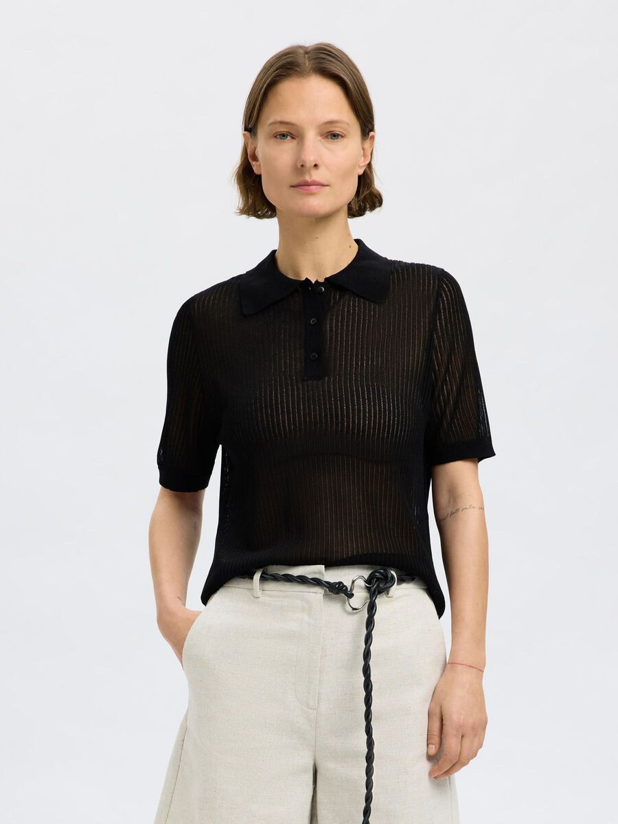 Selected KURZARM POLOHEMD AUS STRICK, Black, highres - 16097552_Black_003.jpg