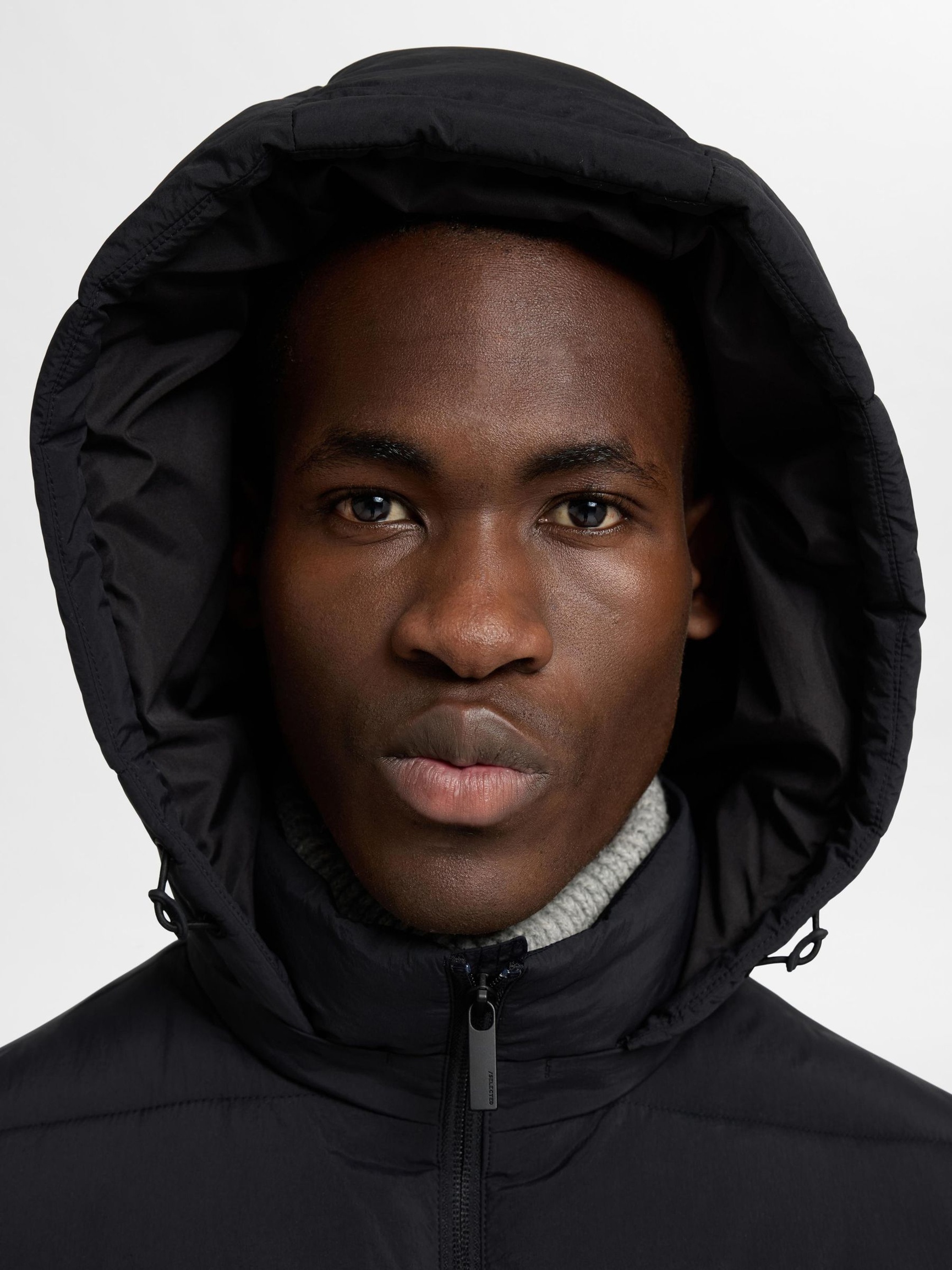 HOODED PUFFER JACKET, Black, highres