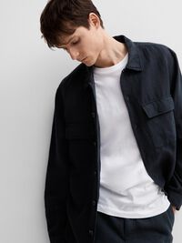 LONG-SLEEVED LINEN BLEND OVERSHIRT, Sky Captain, highres